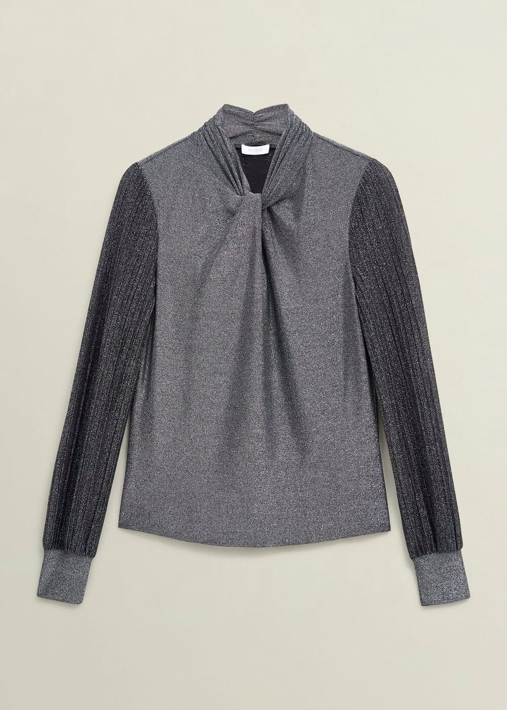 Silver Metallic Ashley Pleat Sleeve Twist Neck Top