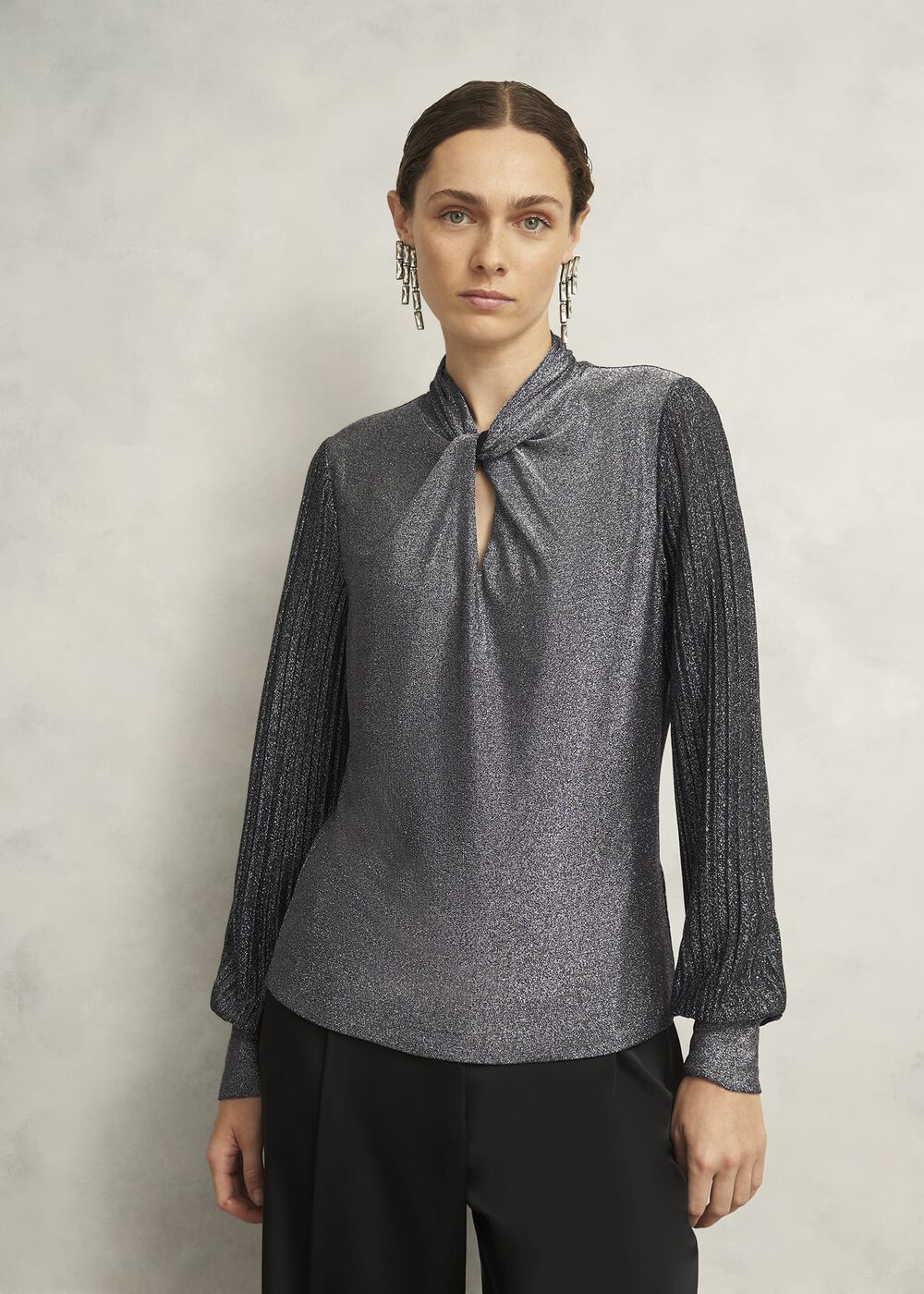 Silver Metallic Ashley Pleat Sleeve Twist Neck Top