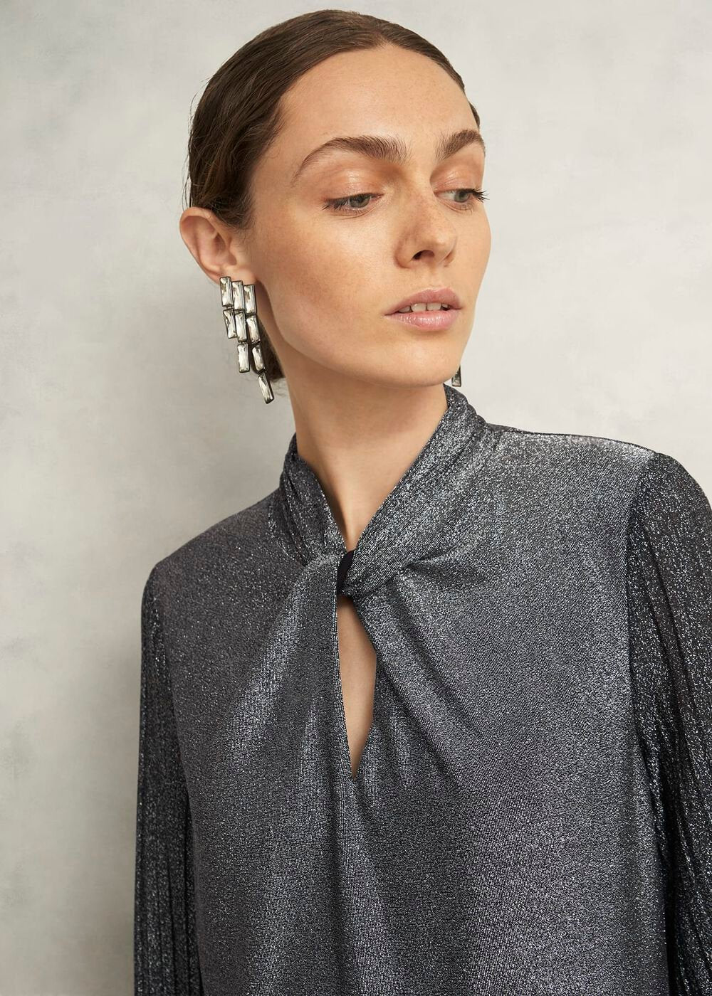 Silver Metallic Ashley Pleat Sleeve Twist Neck Top