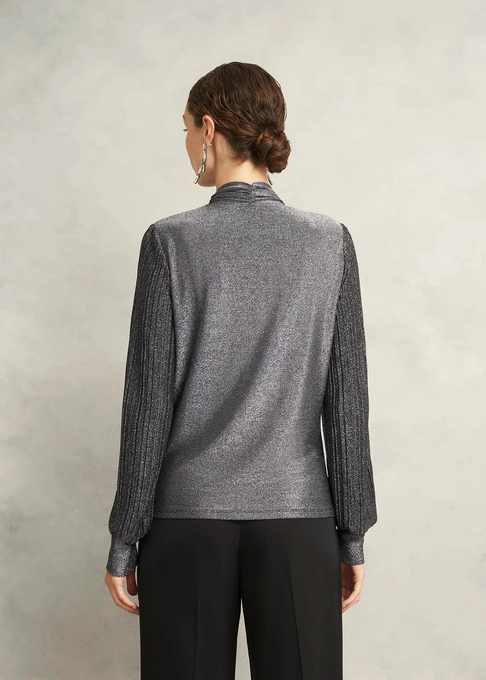 Silver Metallic Ashley Pleat Sleeve Twist Neck Top