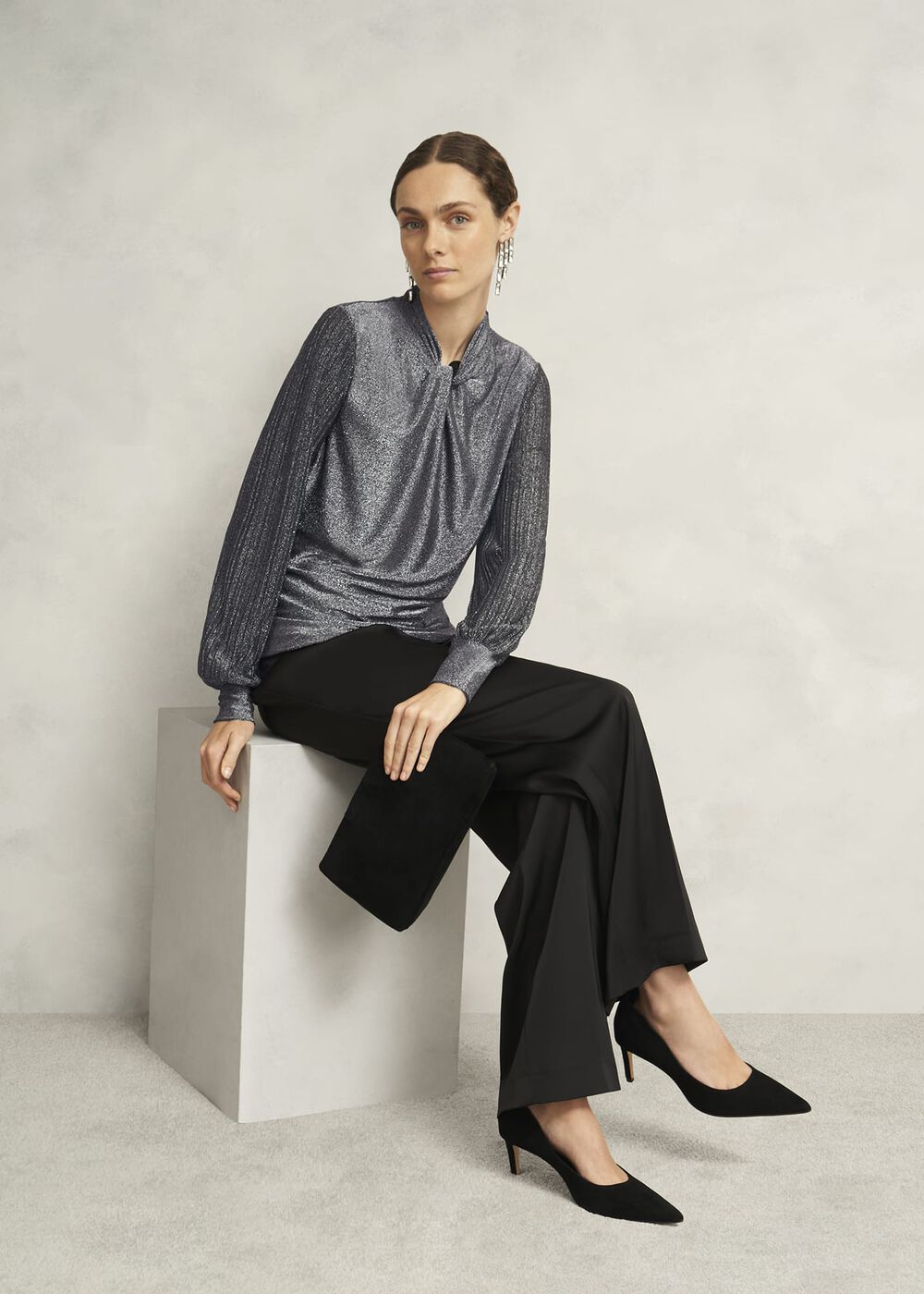 Silver Metallic Ashley Pleat Sleeve Twist Neck Top