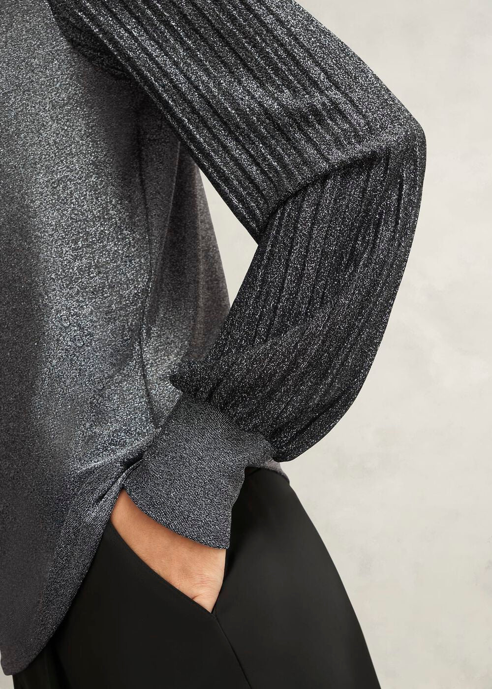 Silver Metallic Ashley Pleat Sleeve Twist Neck Top