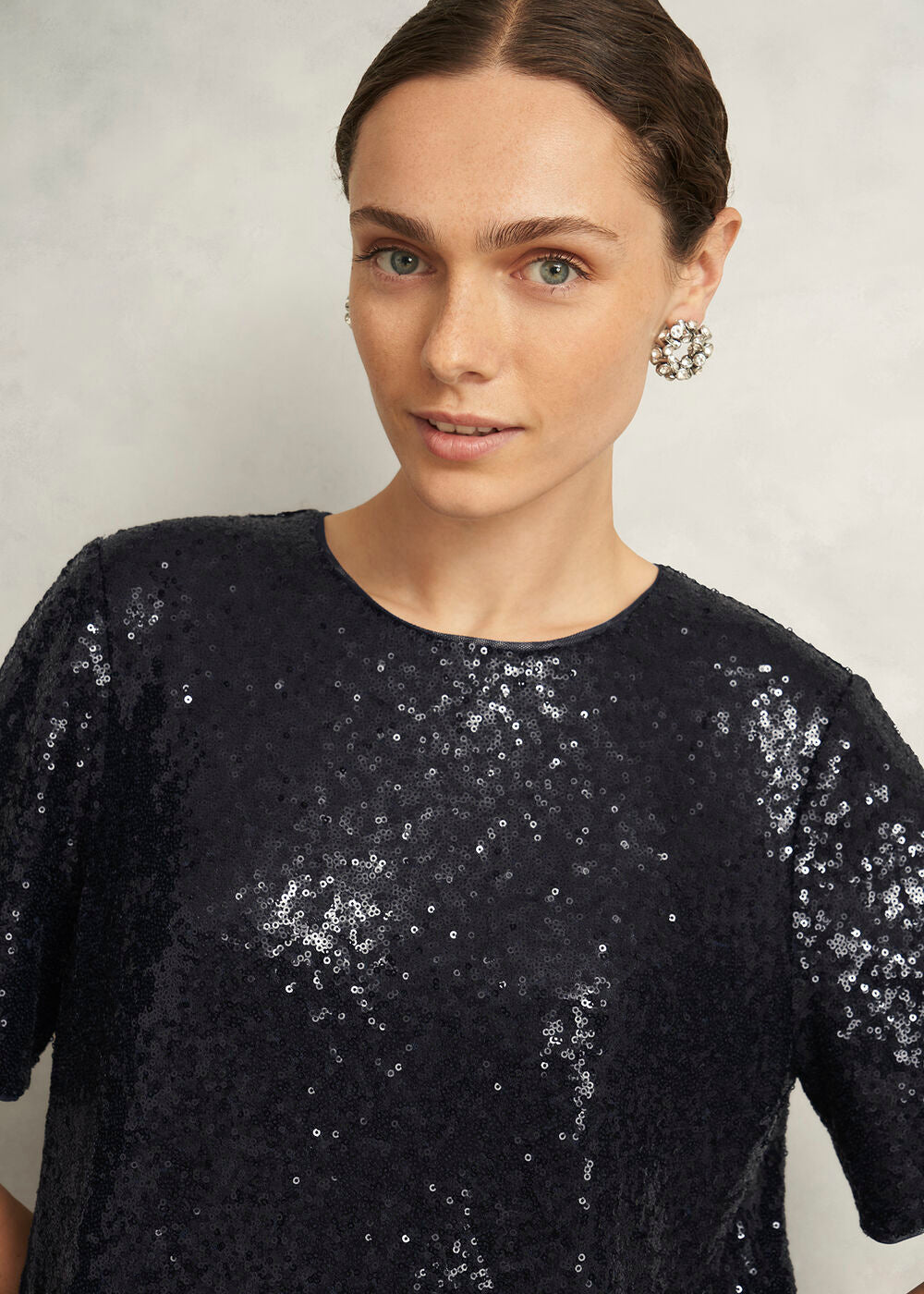 Navy Lilibet Sparkle Sequin Short Sleeve Top