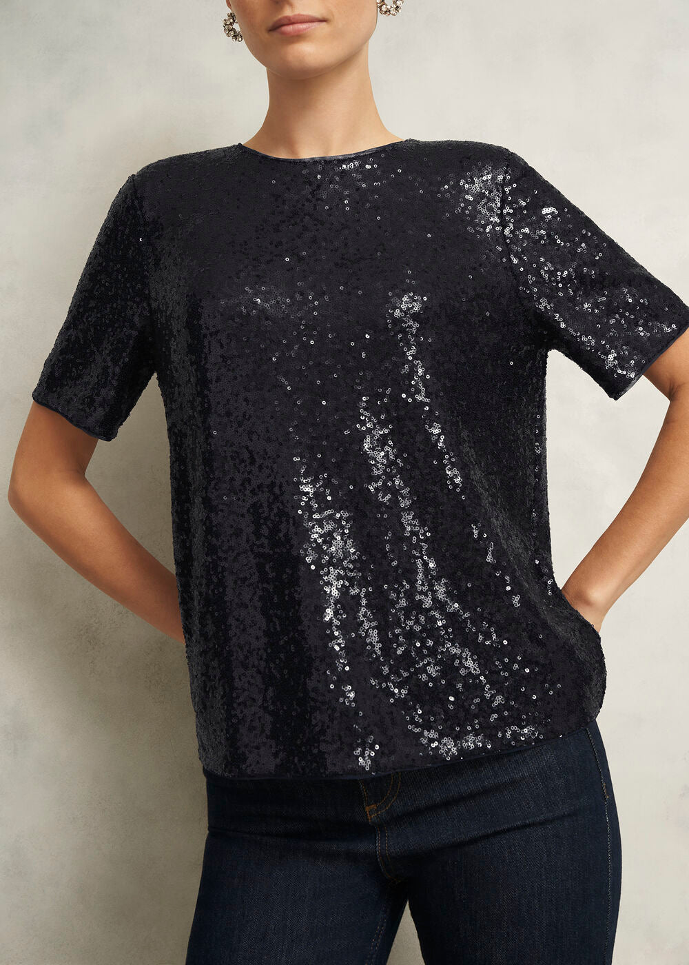 Navy Lilibet Sparkle Sequin Short Sleeve Top