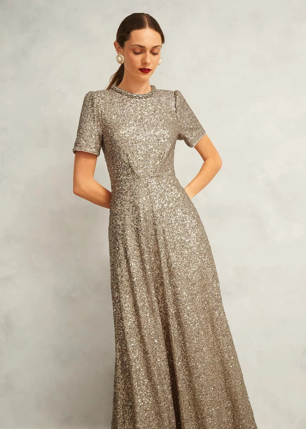 Champagne Shirley Sequin Trimmed Maxi Dress
