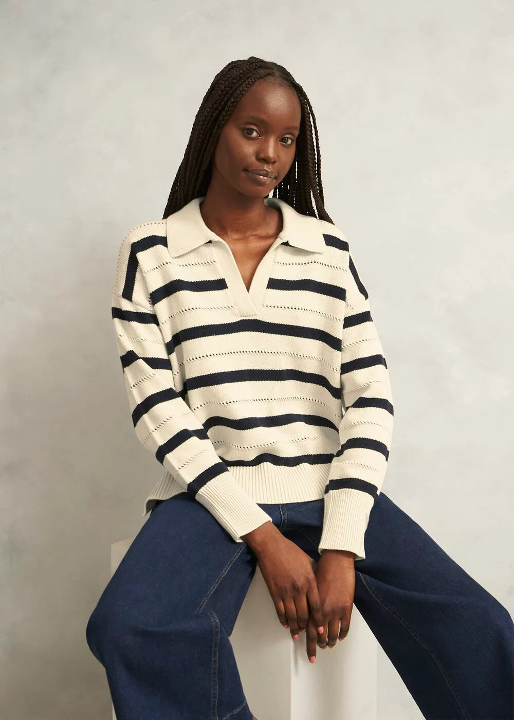 Ivory Beauford Cotton Stripe Polo Knitted Jumper