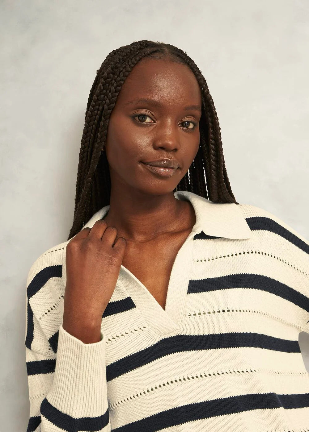 Ivory Beauford Cotton Stripe Polo Knitted Jumper